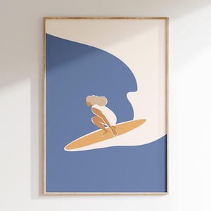 Póster de chica surfista, impresión artística de océano azul, impresión de playa de moda, regalo de surfista, linda decoración de casa de playa, póster de surf de moda, descarga digital, 1 impresión