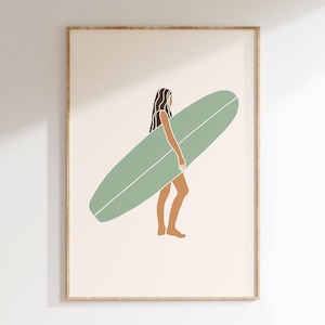 Cute Surf Poster Trendy Beach Poster Surfer Print Beachy Wall Art Trendy Coastal Decor Green Surfboard Art Print Digital Download 1 Print