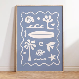 Póster de surf, lindo arte de pared playero, póster del océano, decoración moderna para el hogar costero, impresión artística de conchas marinas, póster de casa de playa, descarga digital, 1 impresión