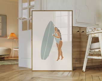 Surf Print Surf Girl Wall Art Surf Poster Surf Boho Print Surfer Boho Girl Print Neutral Coastal Prints Instant Download