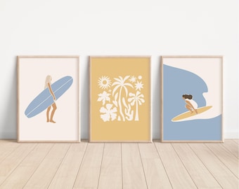 Arte de surf, arte de pared playero, impresión artística de tabla de surf, juego de impresión de surf, regalo de surf, decoración linda para casa de playa, descarga instantánea, arte de pared imprimible, juego de 3
