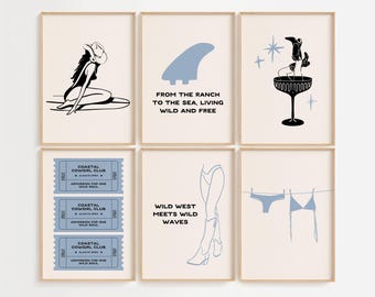 Surftryck, kustnära cowgirl, väggkonst, västerländskt tryck, surfillustration, surfflicka, dekor, västerländsk konst, direktnedladdning, utskrivbar väggkonst, set med 6
