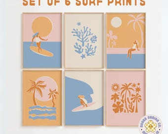Surf Print Set of 6 Beach Prints Trendy Coastal Home Decor Surfboard Wall Art Blue Ocean Print Surfer Girl Poster Set Coastal Home Decor