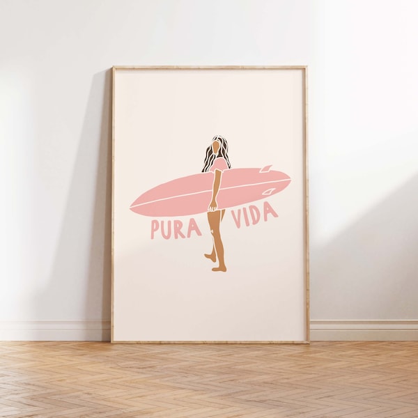 Surf PRINT, Surf Poster, Surf Wall Art, Surf Girl Wall Art, Pura Vida Poster, Surfer Girl Print, Coastal Prints, Instant Download