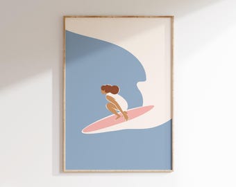 Surf Poster Surfboard Art Print Cute Beach Print Surfer Girl House Decor Blue Ocean Print Surfing Poster Coastal Home Decor Digital Art