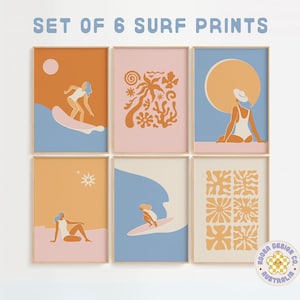 Juego de 6 carteles de surf, impresiones de playa, arte de pared de tabla de surf de moda, regalo para casa inspirado en el surf, póster del océano, decoración moderna para el hogar costero, descarga digital