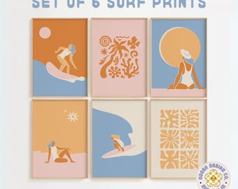 Juego de 6 pósteres de surf, impresiones de playa, arte de pared de tabla de surf de moda, regalo para casa inspirado en el surf, póster del océano, decoración costera moderna para el hogar, descarga digital