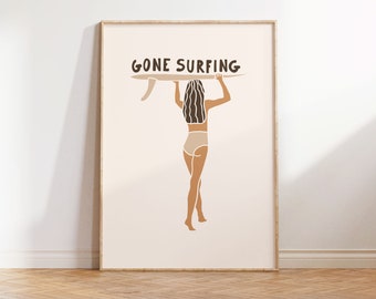 Surf Print, Surf Girl Wall Art, Surf Poster, Surf Boho Print, Surfer Boho Girl Print, Neutral Coastal Prints, Instant Download