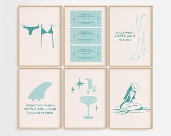 Surftryck, kustnära cowgirl, väggkonst, västerländskt tryck, surfillustration, surfflicka, dekor, västerländsk konst, direktnedladdning, utskrivbar väggkonst, set med 6