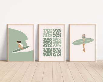 Arte de surf, arte de pared playero, impresión artística de tabla de surf, juego de impresión de surf, regalo de surf, decoración linda para casa de playa, descarga instantánea, arte de pared imprimible, juego de 3