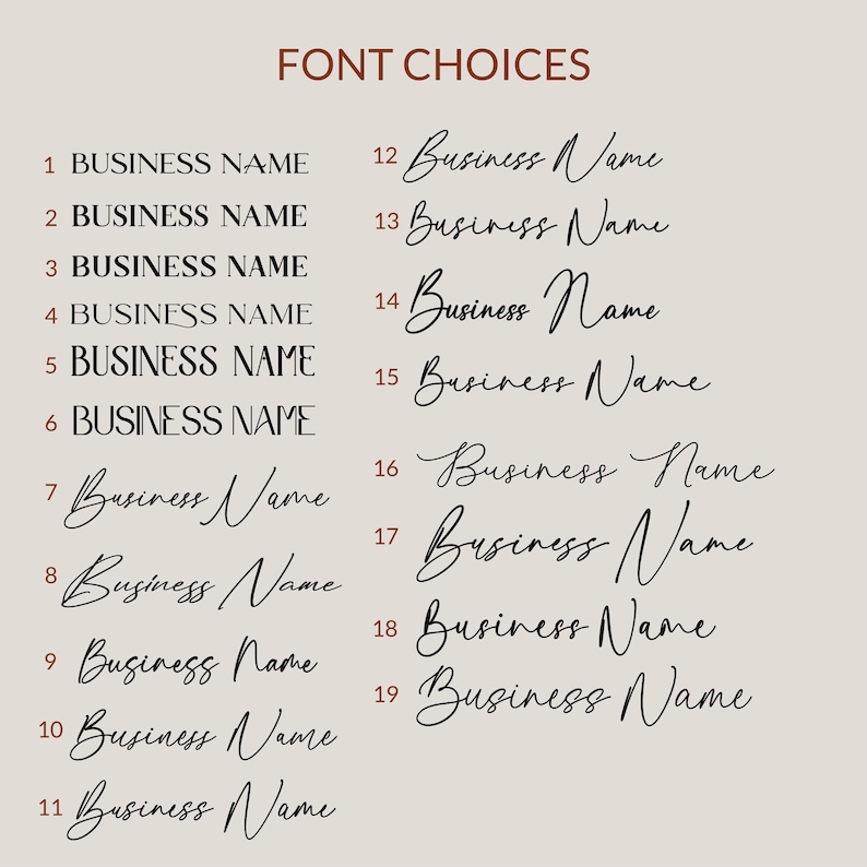 Peut inclure: Une liste de 19 styles de police diff&eacute;rents pour un nom d'entreprise. Les polices sont num&eacute;rot&eacute;es de 1 &agrave; 19. Le texte "FONT CHOICES" est en haut de l'image.