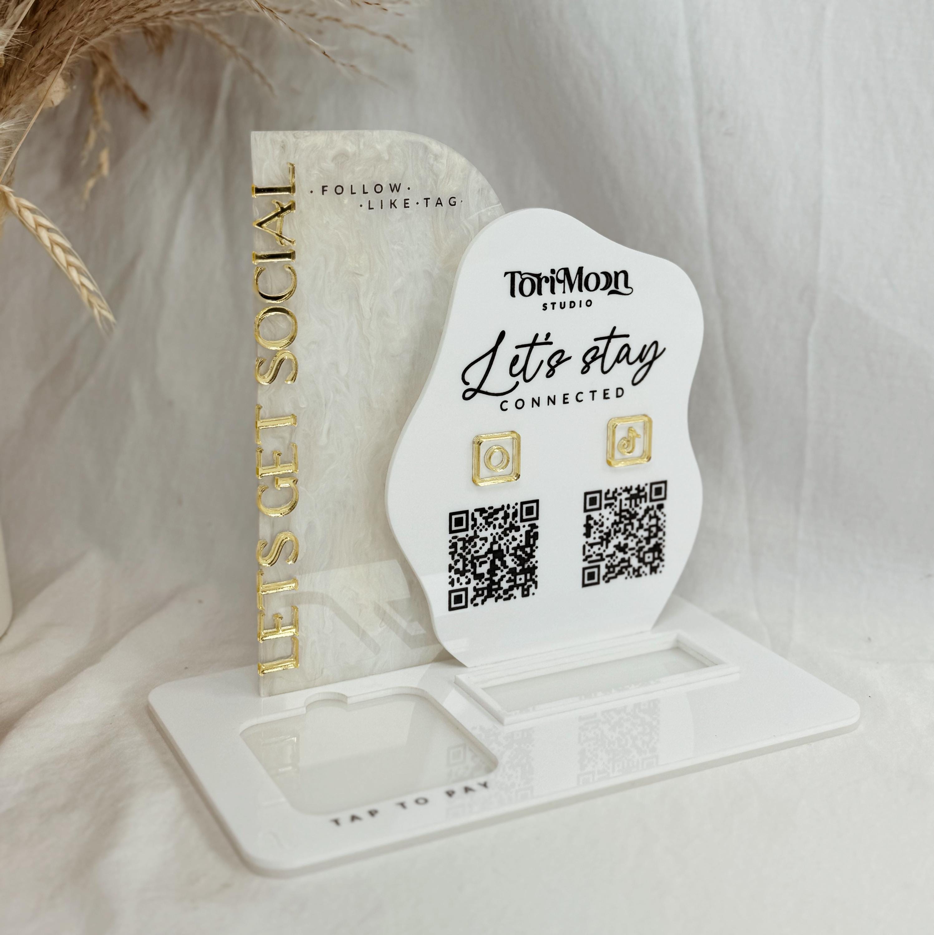 Multi NFC Follow Us Display+ Card Holder+ Square Reader Stand, QR Code Reception Sign, Marketing Media Link, Payment Method, Scan to Pay