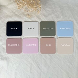 May include: Nine color swatches labeled with the color names: Black, White, Avocado, Baby Blue, Blush Pink, Baby Pink, Beige, and Natural.