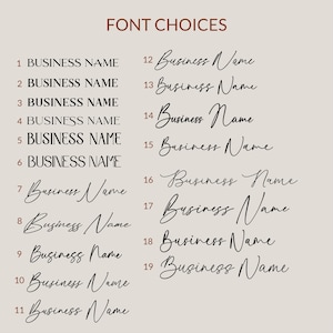 Op de afbeelding: Een lijst met 19 verschillende lettertypen voor een bedrijfsnaam. De lettertypen zijn genummerd van 1 tot en met 19. De tekst "FONT CHOICES" staat bovenaan de afbeelding.