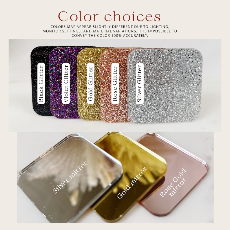 May include: Five color swatches of glitter, black, violet, gold, rose gold, and silver. Five mirror samples, silver, gold, and rose gold.