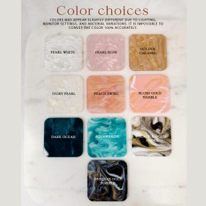 May include: Nine different color options for a phone case. The colors are: Pearl White, Pearl Rose, Golden Caramel, Ivory Pearl, Peach Swirl, Blush Gold Marble, Dark Ocean, Aquamarine, Black & Gold Smoke, and Obsidian Gold Marble.