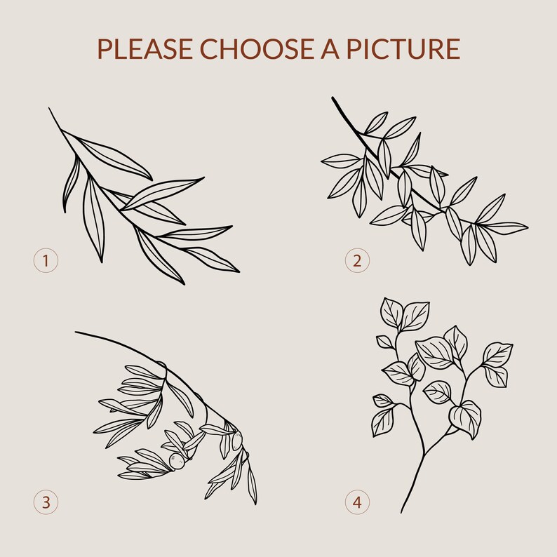May include: Four black and white line drawings of different types of branches with leaves. The branches are numbered 1 through 4.