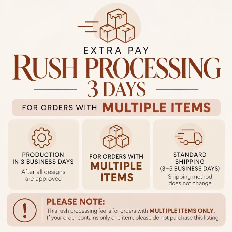 May include: A beige informational graphic with dark brown text stating EXTRA PAY RUSH PROCESSING 3 DAYS FOR ORDERS WITH MULTIPLE ITEMS. It includes icons of stacked boxes, a gear, and a delivery truck, with details on production and shipping.
