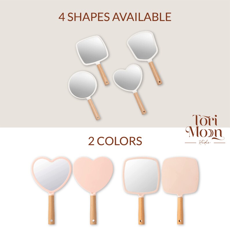 Peut inclure: Miroirs &agrave; main de diff&eacute;rentes formes : carr&eacute;e, carr&eacute;e arrondie, cercle et c&oelig;ur. Les miroirs ont des cadres blancs et des manches en bois clair. Deux sont roses et deux sont blancs. Le texte "4 SHAPES AVAILABLE" et "2 COLORS" est affich&eacute;.