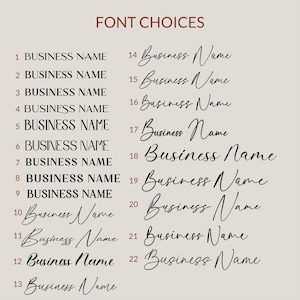 Peut inclure: Sur un fond beige, une liste de 22 choix de polices pour les noms commerciaux est pr&eacute;sent&eacute;e. Le texte "FONT CHOICES" est en haut. Les polices varient des lettres simples aux styles cursifs &eacute;l&eacute;gants, chacune num&eacute;rot&eacute;e.