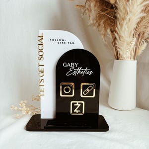 Multi NFC Follow Us Display+ Card Holder, Double Arch, NFC Reception Sign, Marketing Media Link, Payment Method & Social Media Sign