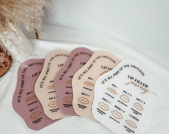 May include: A set of five pink and white cards with the text "It's all part of the process" and "Lip Filler Journey". The cards show a timeline of the lip filler process, with different stages labeled from "Day 1" to "Time for more filler".