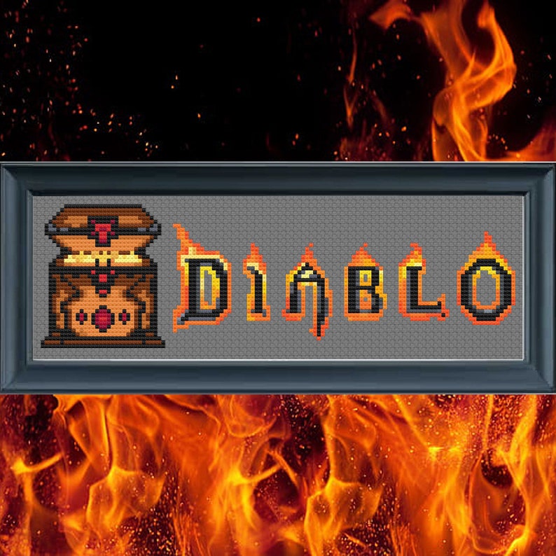 Puede incluir: Un patr&oacute;n de punto de cruz del logotipo del videojuego Diablo, con la palabra "DIABLO" en una fuente de fuego y un cofre con una joya roja.
