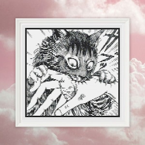 Sudden Attack Junji Ito Cat -  Anime Manga Cross Stitch Pattern, Easy - 9 Colors - Instant PDF Download