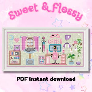 May include: Cross-stitch design featuring a gamer's room with a cat, desk, and gaming setup. The design is in shades of pink, green, and blue, with the text "Sweet & Flossy" at the top and "PDF instant download" at the bottom.