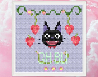 Strawberry Jiji Cross Stitch Pattern: Kiki's Delivery Service Anime (PDF Download)