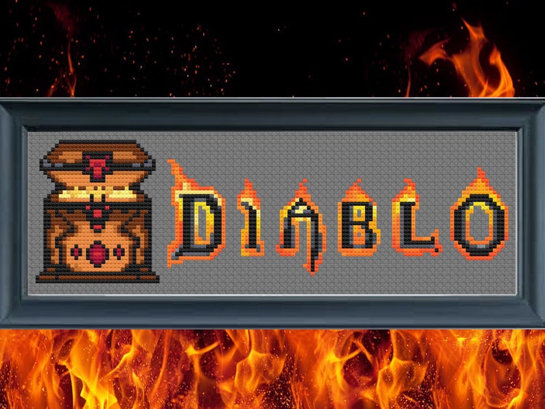 Puede incluir: Un patr&oacute;n de punto de cruz con la palabra "DIABLO" en una fuente naranja fuego con llamas alrededor de cada letra. Una imagen pixelada de un cofre del tesoro con joyas rojas est&aacute; en el lado izquierdo del dise&ntilde;o.