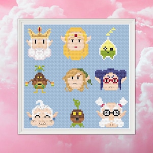 May include: A cross-stitch pattern featuring characters from the Legend of Zelda video game series. The characters are depicted in a pixelated style, with a blue background. The characters include Link, Zelda, Ganondorf, and various enemies.