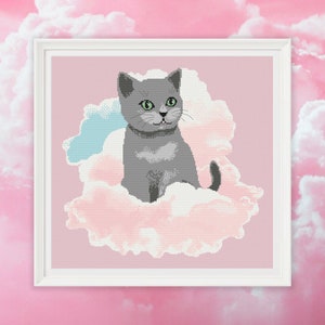 Sweet Candy Floss Cat, Cross Stitch Pattern, Easy - 10 Colors - Instant PDF Download