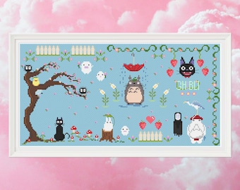 May include: Cross-stitch pattern featuring characters from the animated film My Neighbor Totoro. The pattern includes Totoro, a cat, a bird, and other characters from the film. The pattern is on a blue background with white accents.