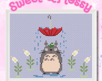 Rainy Totoro Cross Stitch Pattern: Anime (PDF Download)