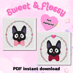May include: Two cross-stitch patterns featuring a black cat with a pink bow tie and a red bow tie, surrounded by a floral wreath. The text "Sweet & Flossy" and "PDF instant download" are displayed.