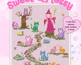 May include: A cross-stitch pattern featuring a whimsical scene with a witch, cats, and woodland creatures. The design includes a winding path, a tree with an owl, and the text "Sweet & Flossy". The pattern offers three skin tone options and is available as a PDF instant download.