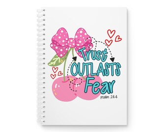 Caderno Espiral "A Confiança Supera o Medo" com Cerejas | Salmo 34:4 - Diário da Fé