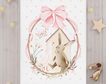 Manta infantil com guirlanda de coelhinhos | Aninhamento para berçário com laço rosa