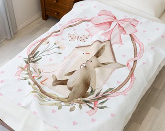 Manta de veludo cotelê com estampa de coelhinho em aquarela | Manta para quarto de bebê em tons pastel