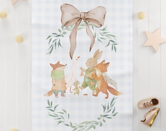 Manta de bebê com animais da floresta e laço | Raposa, coelho e veado em fleece