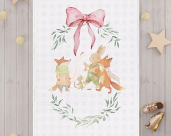 Manta infantil com estampa de raposa e coelhinho da floresta | Laço rosa