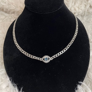Swarovski Blue Evil Eye Crystal Pendant Necklace, on a  Stainless Steel Curb Chain w/ Toggle Clasp , Minimalist Necklace, Nazar Necklace