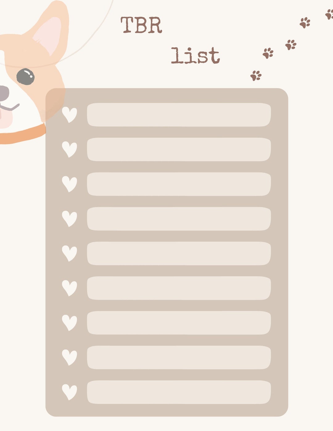 Corgi themed printable tbr list etsy