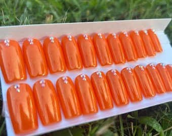 Bright Orange Press On Nails, Rhinestone Accent, Glossy Summer Festival Statement Set