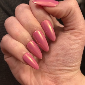 Pink Almond Press-On Nails – Shimmering Gold Chrome, Reusable, Handmade Nail Set