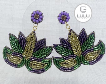 Mardi Gras Earrings, Mask Earrrings, Mardi Gras Beaded Earrings, New Orleans, Green, Yellow, Purple