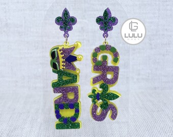 Mardi Gras Earrings,  Mardi Gras Glitter Earrings, New Orleans, Fleur De Lis, Mask, Acrylic Earrings, Green, Yellow, Purple, Lightweight
