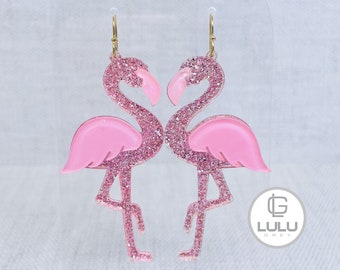 Pink Flamingo Earrings, Glitter Acrylic Flamingo Earrings, Bird Earrings, Pink, Acrylic Earrings, Vacation Earrings, Tropical, Vacay, Bird,