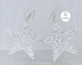 White Glitter Star Earrings, Faux glitter leather, Star Earrings